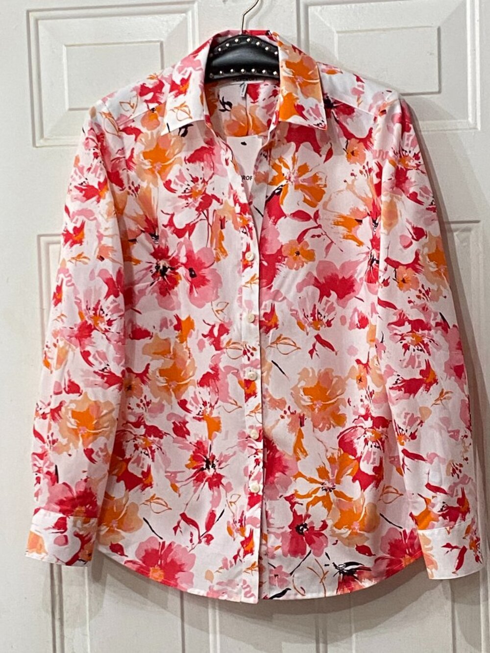 NWT Foxcroft Mary No-Iron Sz 6 Blouse Shirt Long Sleeve Pink/Red/Orange Floral
